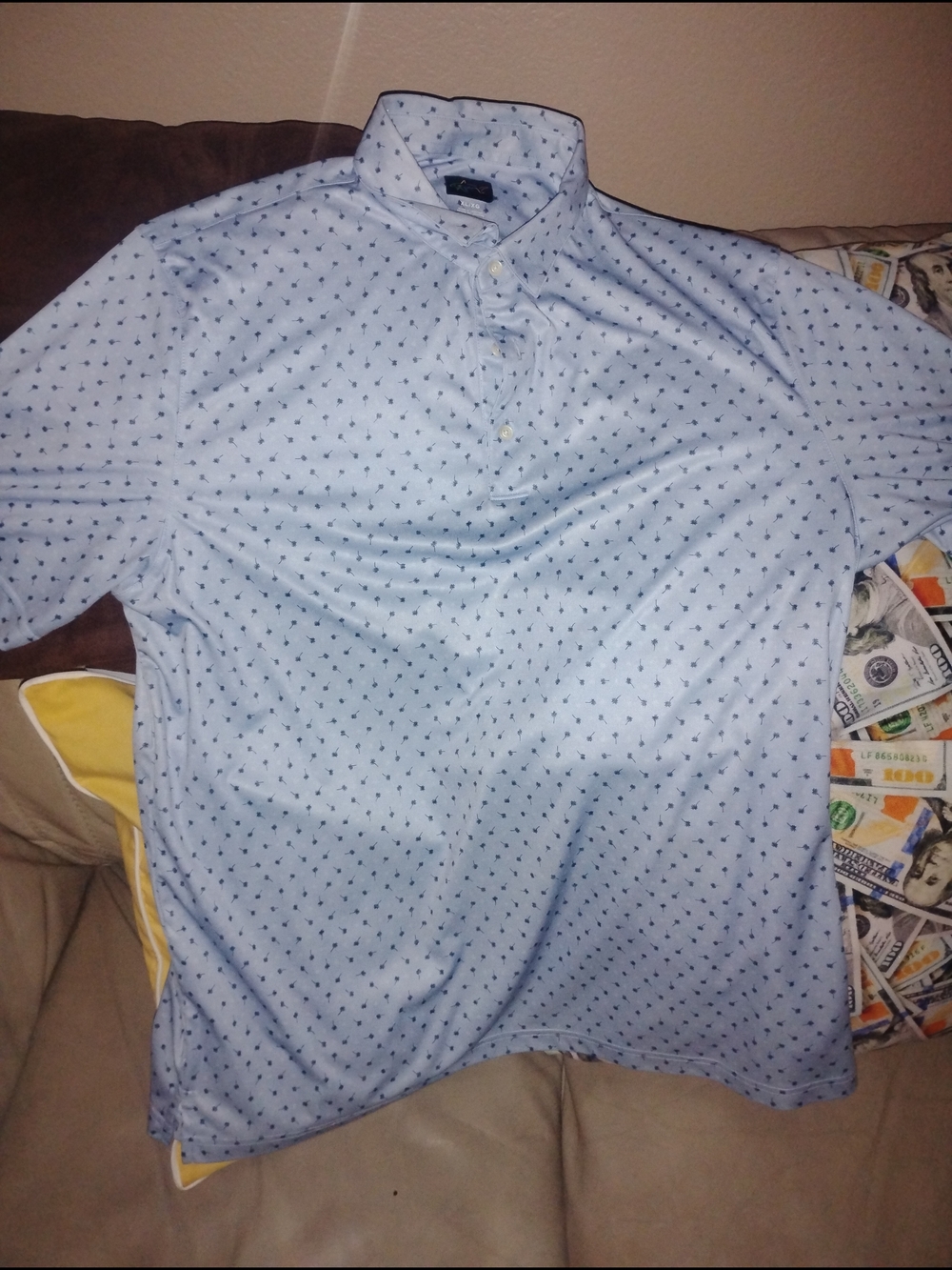Greg Norman Collection Light Blue Polo with Navy Micro Print